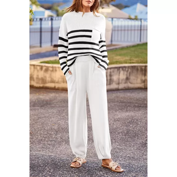 PRETTYGARDEN Womens Fall 2 Piece Sweater Set Casual Pullover Top High Waisted Sweatpants Tracksuit Lounge OutfitsStriped White