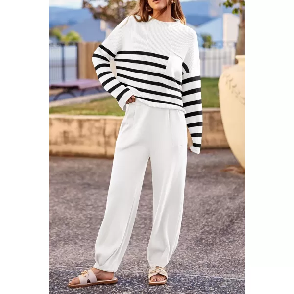 PRETTYGARDEN Womens Fall 2 Piece Sweater Set Casual Pullover Top High Waisted Sweatpants Tracksuit Lounge OutfitsStriped White