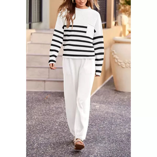 PRETTYGARDEN Womens Fall 2 Piece Sweater Set Casual Pullover Top High Waisted Sweatpants Tracksuit Lounge OutfitsStriped White