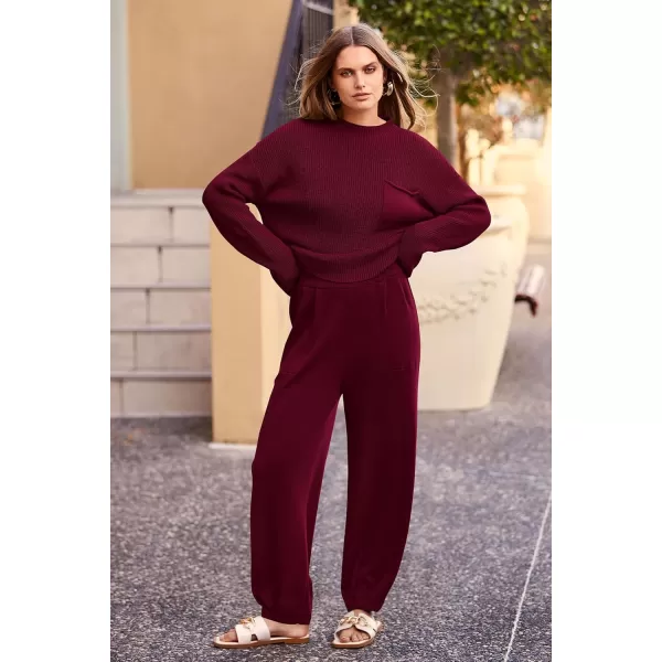 PRETTYGARDEN Womens Fall 2 Piece Sweater Set Casual Pullover Top High Waisted Sweatpants Tracksuit Lounge OutfitsWine Red