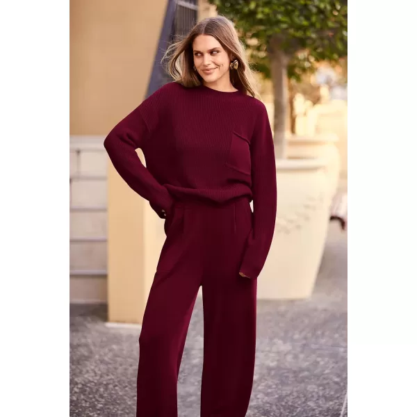 PRETTYGARDEN Womens Fall 2 Piece Sweater Set Casual Pullover Top High Waisted Sweatpants Tracksuit Lounge OutfitsWine Red
