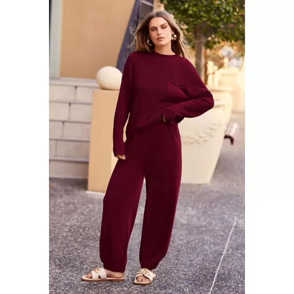 PRETTYGARDEN Womens Fall 2 Piece Sweater Set Casual Pullover Top High Waisted Sweatpants Tracksuit Lounge OutfitsWine Red