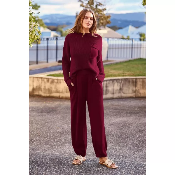 PRETTYGARDEN Womens Fall 2 Piece Sweater Set Casual Pullover Top High Waisted Sweatpants Tracksuit Lounge OutfitsWine Red