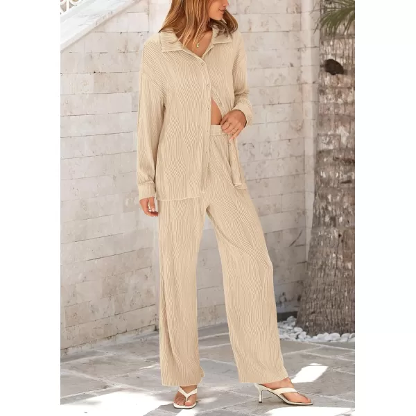 PRETTYGARDEN Womens Fall 2 Piece Textured Sets Casual Button Down Shirt Wide Leg Pants Outfit Loungewear TracksuitApricot