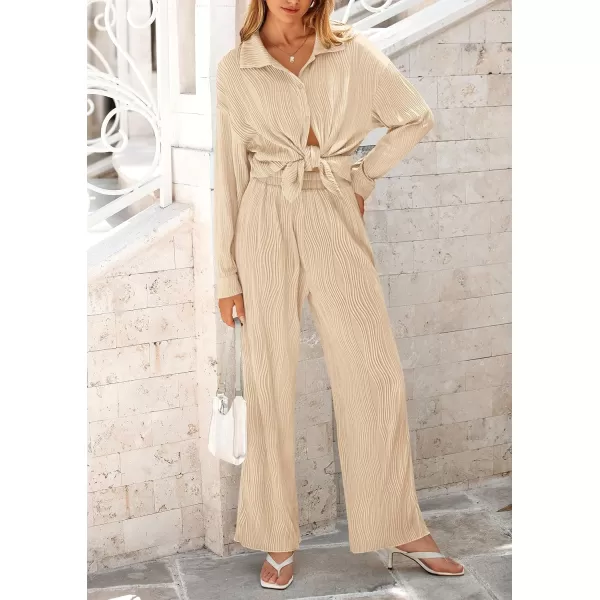 PRETTYGARDEN Womens Fall 2 Piece Textured Sets Casual Button Down Shirt Wide Leg Pants Outfit Loungewear TracksuitApricot