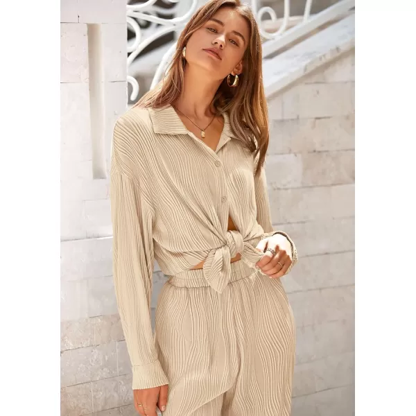 PRETTYGARDEN Womens Fall 2 Piece Textured Sets Casual Button Down Shirt Wide Leg Pants Outfit Loungewear TracksuitApricot