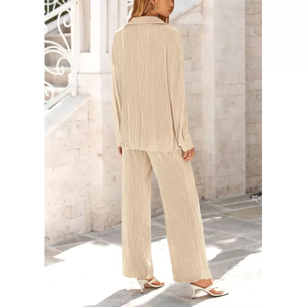 PRETTYGARDEN Womens Fall 2 Piece Textured Sets Casual Button Down Shirt Wide Leg Pants Outfit Loungewear TracksuitApricot