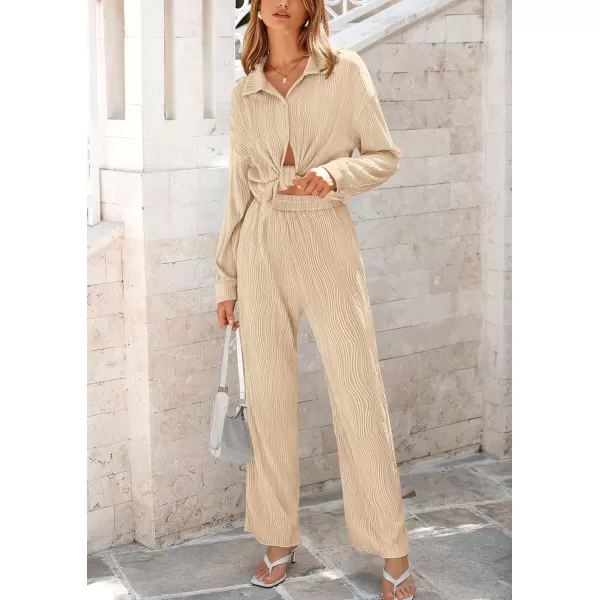 PRETTYGARDEN Womens Fall 2 Piece Textured Sets Casual Button Down Shirt Wide Leg Pants Outfit Loungewear TracksuitApricot