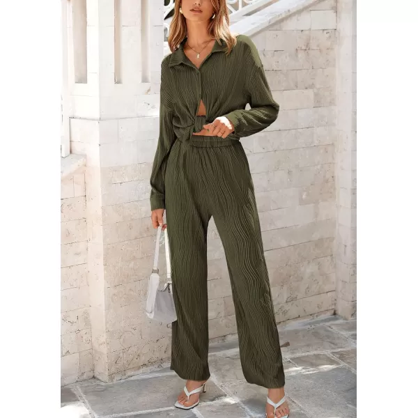 PRETTYGARDEN Womens Fall 2 Piece Textured Sets Casual Button Down Shirt Wide Leg Pants Outfit Loungewear TracksuitArmy Green