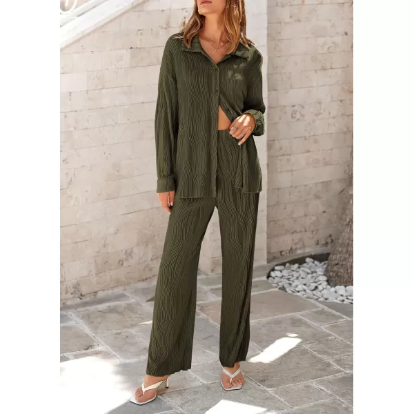PRETTYGARDEN Womens Fall 2 Piece Textured Sets Casual Button Down Shirt Wide Leg Pants Outfit Loungewear TracksuitArmy Green