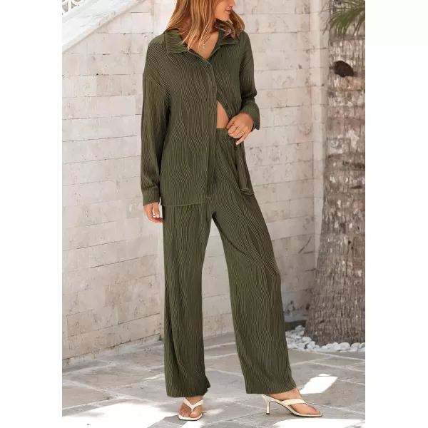 PRETTYGARDEN Womens Fall 2 Piece Textured Sets Casual Button Down Shirt Wide Leg Pants Outfit Loungewear TracksuitArmy Green