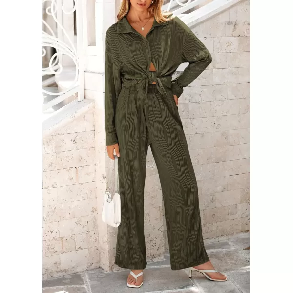 PRETTYGARDEN Womens Fall 2 Piece Textured Sets Casual Button Down Shirt Wide Leg Pants Outfit Loungewear TracksuitArmy Green
