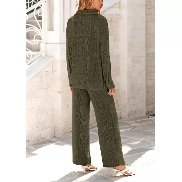 PRETTYGARDEN Womens Fall 2 Piece Textured Sets Casual Button Down Shirt Wide Leg Pants Outfit Loungewear TracksuitArmy Green