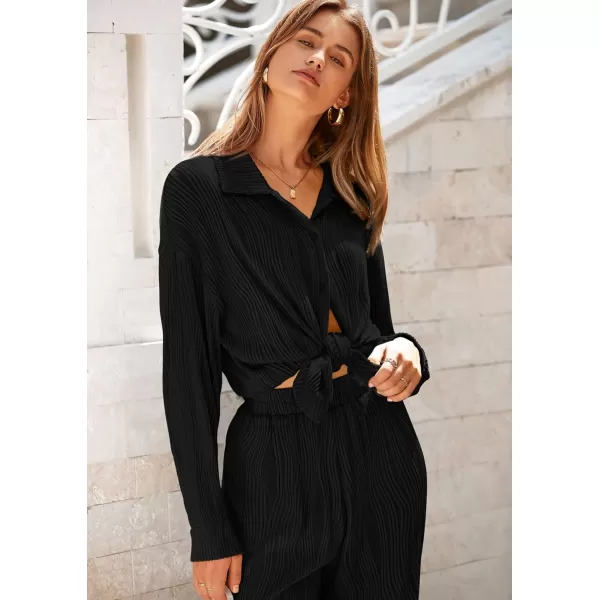 PRETTYGARDEN Womens Fall 2 Piece Textured Sets Casual Button Down Shirt Wide Leg Pants Outfit Loungewear TracksuitBlack