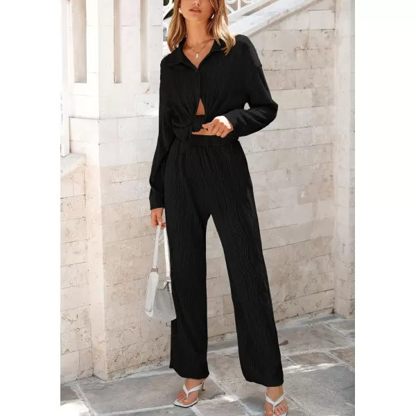 PRETTYGARDEN Womens Fall 2 Piece Textured Sets Casual Button Down Shirt Wide Leg Pants Outfit Loungewear TracksuitBlack