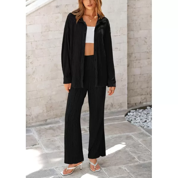 PRETTYGARDEN Womens Fall 2 Piece Textured Sets Casual Button Down Shirt Wide Leg Pants Outfit Loungewear TracksuitBlack