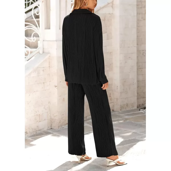 PRETTYGARDEN Womens Fall 2 Piece Textured Sets Casual Button Down Shirt Wide Leg Pants Outfit Loungewear TracksuitBlack