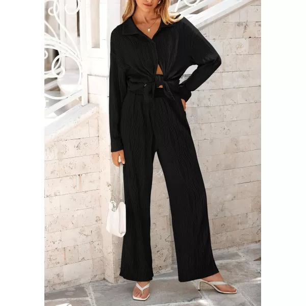 PRETTYGARDEN Womens Fall 2 Piece Textured Sets Casual Button Down Shirt Wide Leg Pants Outfit Loungewear TracksuitBlack