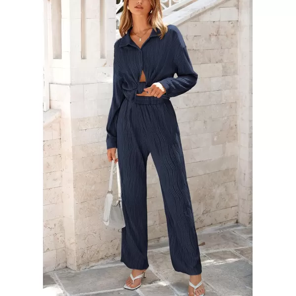 PRETTYGARDEN Womens Fall 2 Piece Textured Sets Casual Button Down Shirt Wide Leg Pants Outfit Loungewear TracksuitDark Blue
