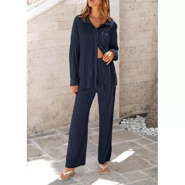 PRETTYGARDEN Womens Fall 2 Piece Textured Sets Casual Button Down Shirt Wide Leg Pants Outfit Loungewear TracksuitDark Blue