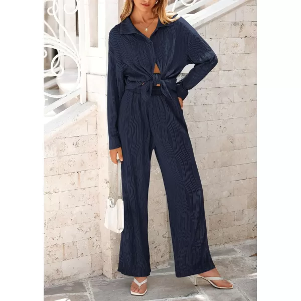 PRETTYGARDEN Womens Fall 2 Piece Textured Sets Casual Button Down Shirt Wide Leg Pants Outfit Loungewear TracksuitDark Blue
