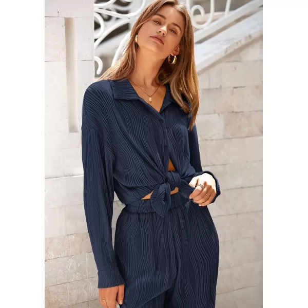 PRETTYGARDEN Womens Fall 2 Piece Textured Sets Casual Button Down Shirt Wide Leg Pants Outfit Loungewear TracksuitDark Blue