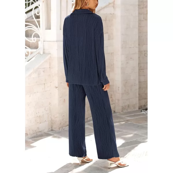 PRETTYGARDEN Womens Fall 2 Piece Textured Sets Casual Button Down Shirt Wide Leg Pants Outfit Loungewear TracksuitDark Blue