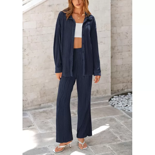PRETTYGARDEN Womens Fall 2 Piece Textured Sets Casual Button Down Shirt Wide Leg Pants Outfit Loungewear TracksuitDark Blue