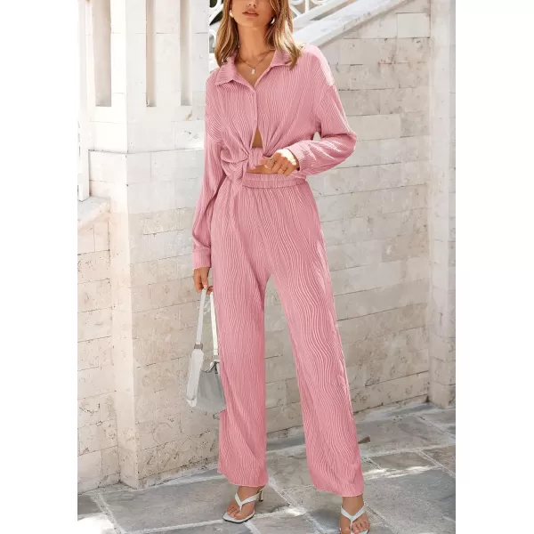 PRETTYGARDEN Womens Fall 2 Piece Textured Sets Casual Button Down Shirt Wide Leg Pants Outfit Loungewear TracksuitDusty Pink