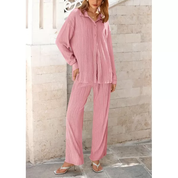 PRETTYGARDEN Womens Fall 2 Piece Textured Sets Casual Button Down Shirt Wide Leg Pants Outfit Loungewear TracksuitDusty Pink