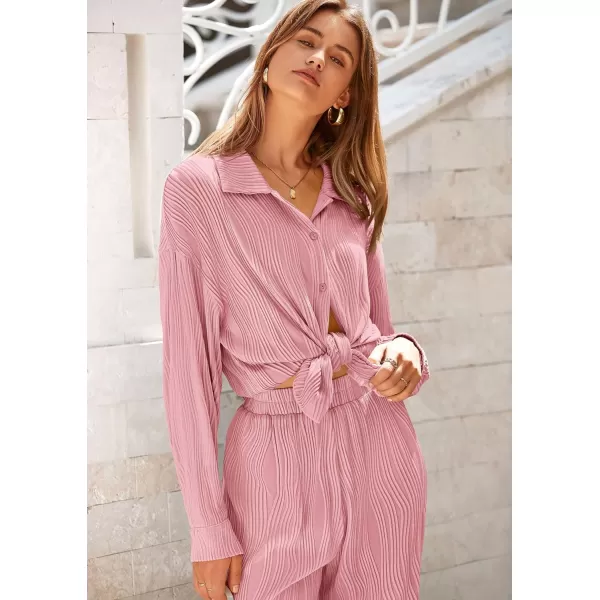 PRETTYGARDEN Womens Fall 2 Piece Textured Sets Casual Button Down Shirt Wide Leg Pants Outfit Loungewear TracksuitDusty Pink