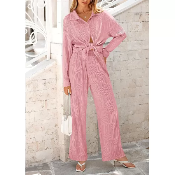 PRETTYGARDEN Womens Fall 2 Piece Textured Sets Casual Button Down Shirt Wide Leg Pants Outfit Loungewear TracksuitDusty Pink