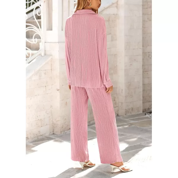 PRETTYGARDEN Womens Fall 2 Piece Textured Sets Casual Button Down Shirt Wide Leg Pants Outfit Loungewear TracksuitDusty Pink