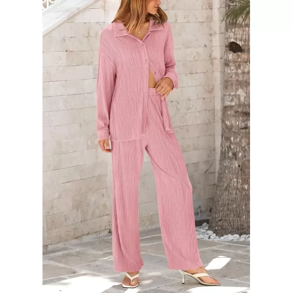 PRETTYGARDEN Womens Fall 2 Piece Textured Sets Casual Button Down Shirt Wide Leg Pants Outfit Loungewear TracksuitDusty Pink