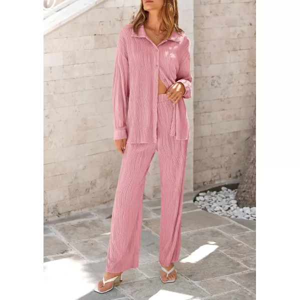PRETTYGARDEN Womens Fall 2 Piece Textured Sets Casual Button Down Shirt Wide Leg Pants Outfit Loungewear TracksuitDusty Pink