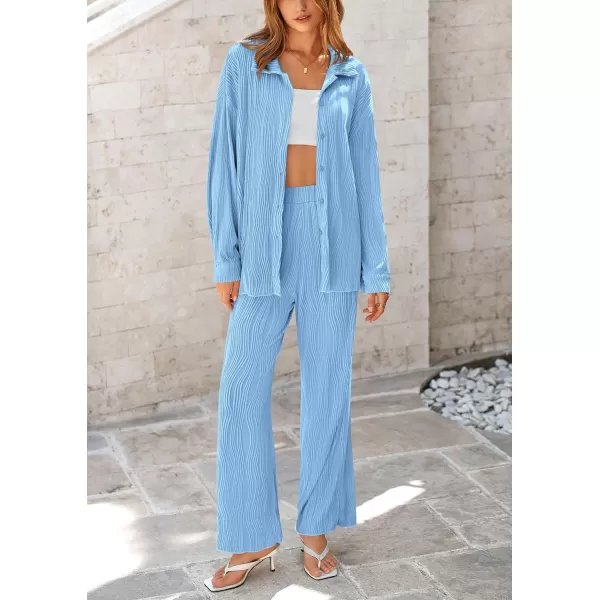 PRETTYGARDEN Womens Fall 2 Piece Textured Sets Casual Button Down Shirt Wide Leg Pants Outfit Loungewear TracksuitLight Blue
