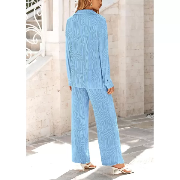 PRETTYGARDEN Womens Fall 2 Piece Textured Sets Casual Button Down Shirt Wide Leg Pants Outfit Loungewear TracksuitLight Blue