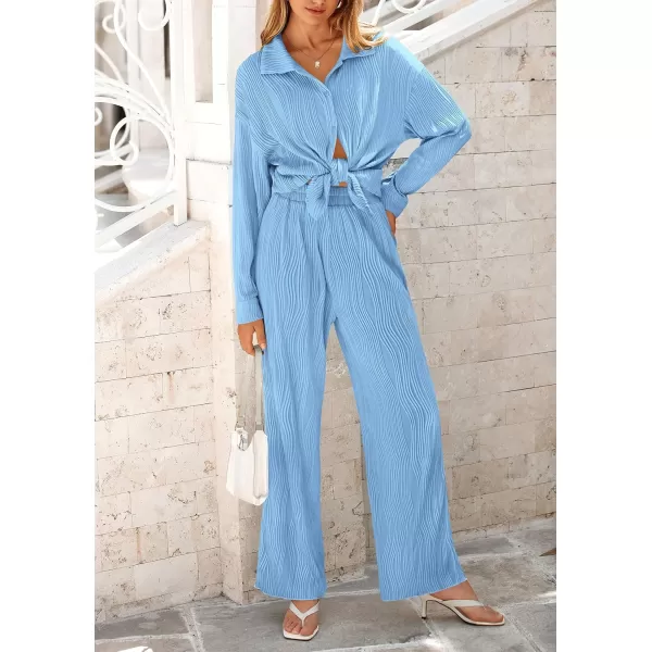 PRETTYGARDEN Womens Fall 2 Piece Textured Sets Casual Button Down Shirt Wide Leg Pants Outfit Loungewear TracksuitLight Blue