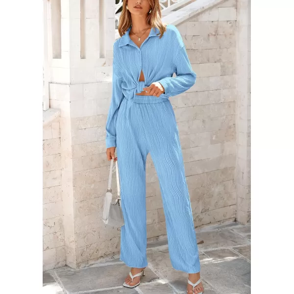 PRETTYGARDEN Womens Fall 2 Piece Textured Sets Casual Button Down Shirt Wide Leg Pants Outfit Loungewear TracksuitLight Blue
