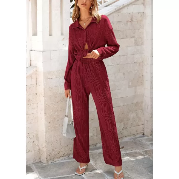 PRETTYGARDEN Womens Fall 2 Piece Textured Sets Casual Button Down Shirt Wide Leg Pants Outfit Loungewear TracksuitWine Red