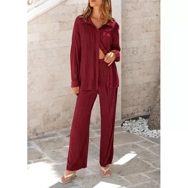 PRETTYGARDEN Womens Fall 2 Piece Textured Sets Casual Button Down Shirt Wide Leg Pants Outfit Loungewear TracksuitWine Red