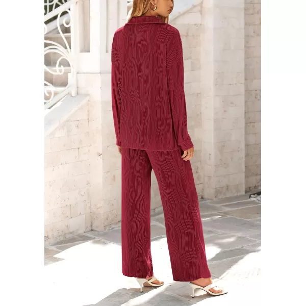 PRETTYGARDEN Womens Fall 2 Piece Textured Sets Casual Button Down Shirt Wide Leg Pants Outfit Loungewear TracksuitWine Red