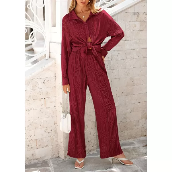 PRETTYGARDEN Womens Fall 2 Piece Textured Sets Casual Button Down Shirt Wide Leg Pants Outfit Loungewear TracksuitWine Red