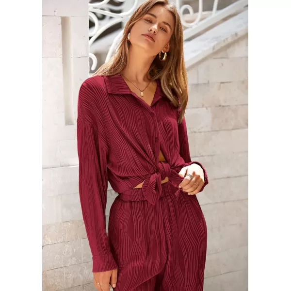 PRETTYGARDEN Womens Fall 2 Piece Textured Sets Casual Button Down Shirt Wide Leg Pants Outfit Loungewear TracksuitWine Red