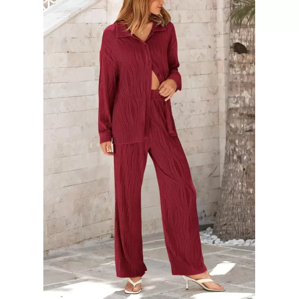 PRETTYGARDEN Womens Fall 2 Piece Textured Sets Casual Button Down Shirt Wide Leg Pants Outfit Loungewear TracksuitWine Red