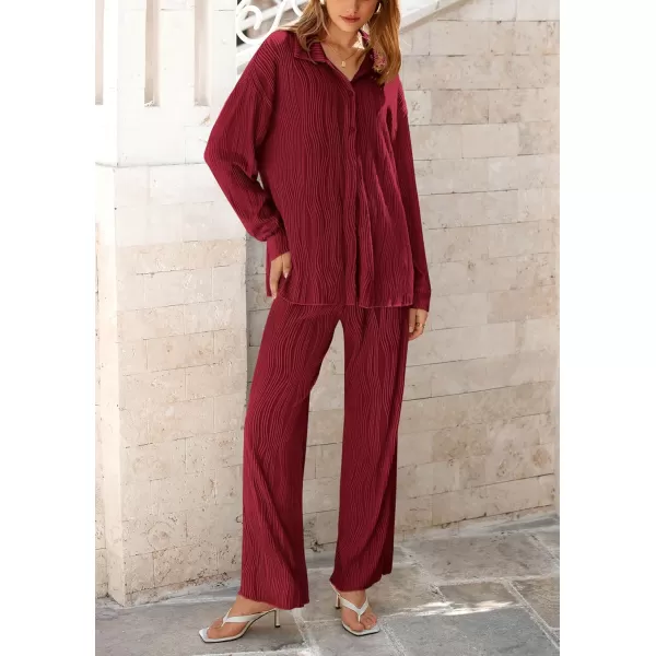 PRETTYGARDEN Womens Fall 2 Piece Textured Sets Casual Button Down Shirt Wide Leg Pants Outfit Loungewear TracksuitWine Red