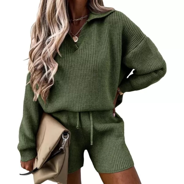 PRETTYGARDEN Womens 2 Piece Outfits 2024 Winter Long Sleeve V Neck Knit Pullover And Shorts Sweater Tracksuit SetsArmy Green