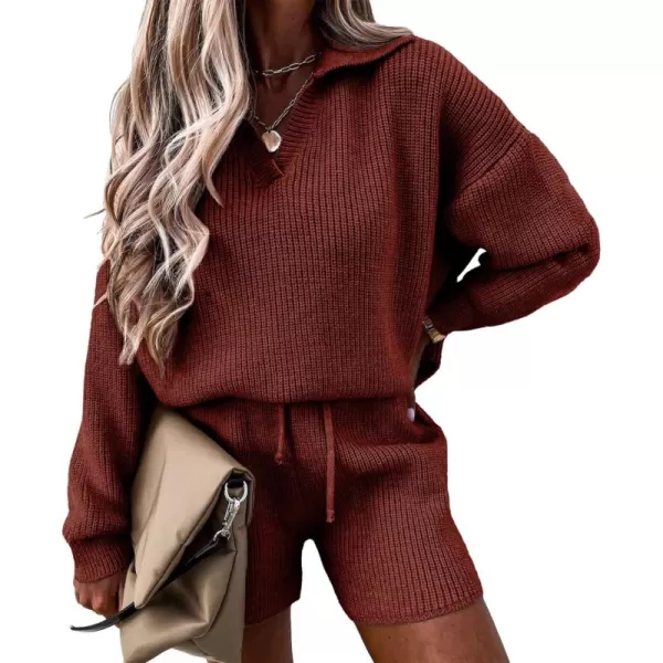 PRETTYGARDEN Womens 2 Piece Outfits 2024 Winter Long Sleeve V Neck Knit Pullover And Shorts Sweater Tracksuit SetsCaramel