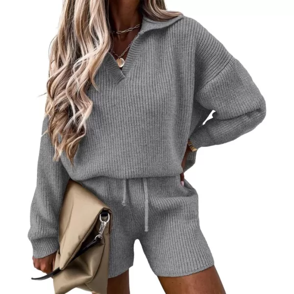PRETTYGARDEN Womens 2 Piece Outfits 2024 Winter Long Sleeve V Neck Knit Pullover And Shorts Sweater Tracksuit SetsGrey