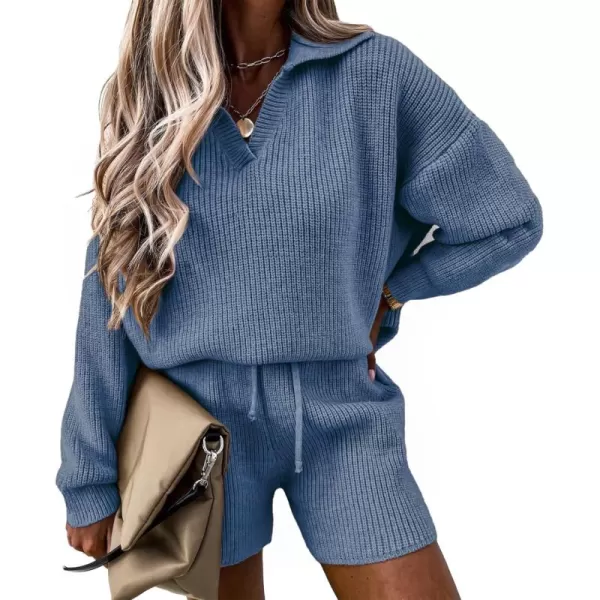 PRETTYGARDEN Womens 2 Piece Outfits 2024 Winter Long Sleeve V Neck Knit Pullover And Shorts Sweater Tracksuit SetsGrey Blue
